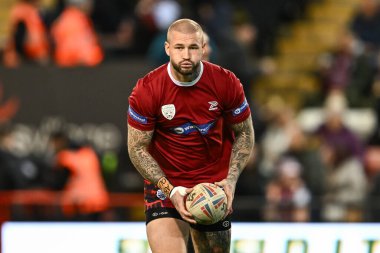 Leigh Leoparları 'ndan Zak Hardaker 16 Şubat 202' de Leigh Spor Köyü 'nde Leigh Leoparfield Giants' a karşı oynanan birinci tur Betfred Süper Lig karşılaşması öncesinde ısınıyor.