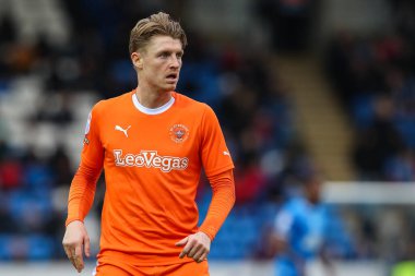 Blackpool takımından George Byers 17 Şubat 202 'de İngiltere' de Weston Homes Stadyumu 'nda oynanan 1.