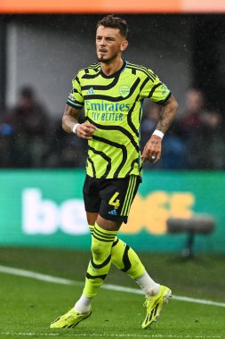 Arsenal 'den Ben White Premier Lig maçı sırasında Burnley ile Arsenal arasında 17 Şubat 202' de oynanan Turf Moor, Burnley, İngiltere maçında.