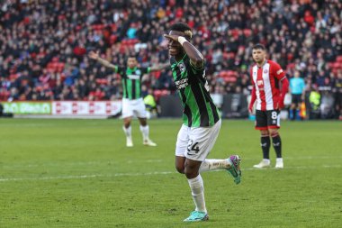 Brighton & Hove Albion 'dan Simon Adingra, 18 Şubat 202' de Bramall Lane, Sheffield, İngiltere 'de oynanan Premier League maçı Sheffield United ve Hove Albion maçında 0-4' lük skorla kazanma hedefini kutluyor.