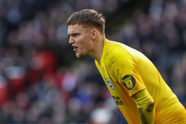 Brighton & Hove Albion 'dan Bart Verbruggen, 18 Şubat 202' de Bramall Lane, Sheffield, İngiltere 'de oynanan Premier League maçında takımına talimat verdi.