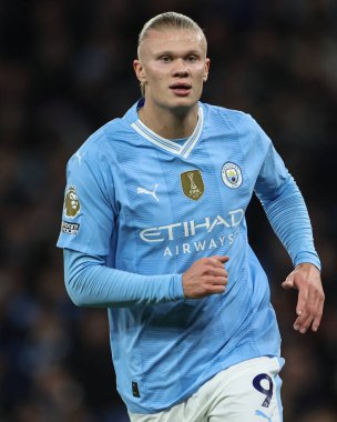 Manchester City 'den Erling Hland Premier League maçı sırasında Manchester City, Etihad Stadyumu' nda Brentford 'a karşı, 20 Şubat 2024