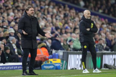 Leeds United 'ın Daniel Farke teknik direktörü, Leeds United' ın 23 Şubat 202 'de Leeds Road, Leeds City' de oynanan Sky Bet Şampiyonası karşılaşmasında gösterdiği jestler ve tepkiler.