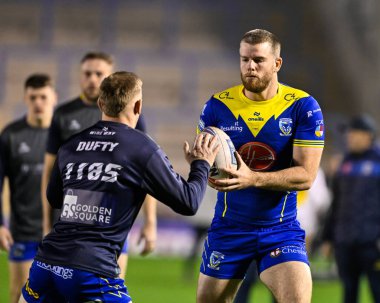 Warrington Wolves takımından Joe Bullock, Betfred Süper Lig 2. raundunda ısınma turu sırasında Warrington Wolves 'a karşı Hull FC maçı sırasında Halliwell Jones Stadyumu, Warrington, Birleşik Krallık, 23 Şubat 202