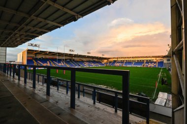 Maç öncesinde Halliwell Jones Stadyumu 'nun genel bir görüntüsü, 23 Şubat 202' de İngiltere 'nin Warrington şehrinde oynanan Betfred Süper Lig karşılaşması sırasında Warrington Wolves vs Hull FC' ye karşı oynamıştır.