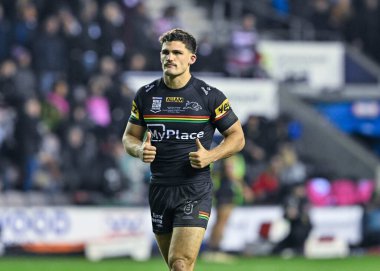 Penrith Panthers takımından Nathan Cleary, Wigan Warriors - Penrith Panthers maçında Wigan Stadyumu, Wigan, Birleşik Krallık 'ta 24 Şubat 202