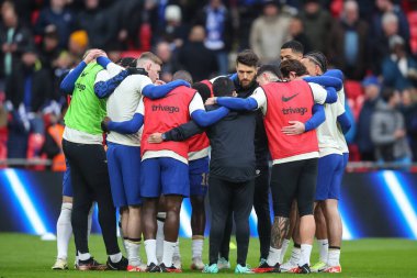 Chelsea takımı, 25 Şubat 202 'de Wembley Stadyumu' nda oynanan Carabao Kupası final maçında Chelsea ile Liverpool maçında ısınma turunda.