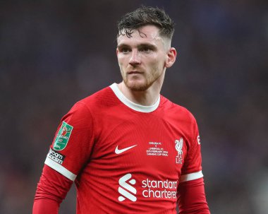 Liverpool 'dan Andrew Robertson, 25 Şubat 202' de Wembley Stadyumu 'nda oynanan Carabao Kupası Finali' nde Chelsea-Liverpool maçında.