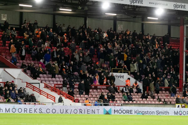 Blackpool taraftarlarının genel görünümü 27 Şubat 202 'de Londra' daki Matchroom Stadyumu 'nda oynanan Gökyüzü İddia Ligi 1 karşılaşmasında Leyton Orient ve Blackpool karşılaşmalarında görüldü.