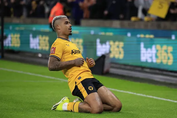 stock image Mario Lemina of Wolverhampton Wanderers celebrates scoring to make it 1-0 during the Emirates FA Cup 5th Round match Wolverhampton Wanderers vs Brighton and Hove Albion at Molineux, Wolverhampton, United Kingdom, 28th February 202