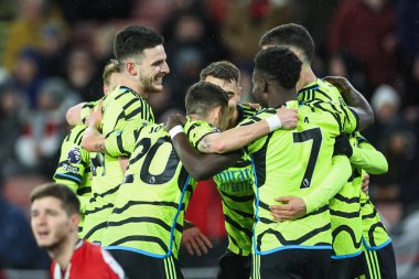 Arsenal 'den Gabriel Martinelli, İngiltere' nin Sheffield Lane kentinde oynanan Premier League maçında Sheffield United ile Arsenal maçında 0-3 'lük galibiyetini kutluyor.