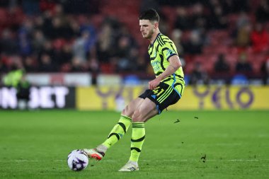 Arsenal 'den Declan Rice, İngiltere' nin Sheffield Lane kentinde oynanan Premier Lig maçında Sheffield United ile Arsenal maçında pas attı.