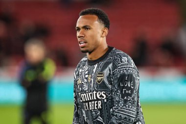Arsenal takımının Gabriel 'i Premier League maçı öncesinde Sheffield United' a karşı Bramall Lane, Sheffield, Birleşik Krallık 'ta 4 Mart 202' de oynanan maç öncesi ısınma maçında...