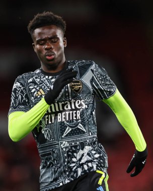 Arsenal 'den Bukayo Saka Premier Lig maçı öncesinde Bramall Lane, Sheffield, İngiltere' de Sheffield United 'a karşı 4 Mart 202' de oynanan maç öncesi ısınma maçında