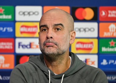 Manchester City Şampiyonlar Ligi Basın Konferansı sırasında 5 Mart 2024 'te Etihad Kampüsü' nde Manchester City 'nin Pep Guardiola teknik direktörü