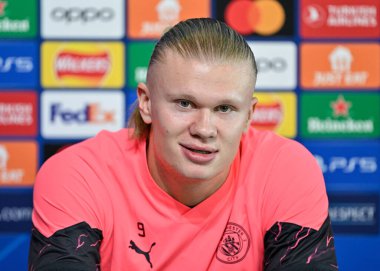 Manchester City 'den Erling Haaland, Manchester Şampiyonlar Ligi Basın Konferansı sırasında Etihad Kampüsü, Manchester, İngiltere, 5 Mart 2024