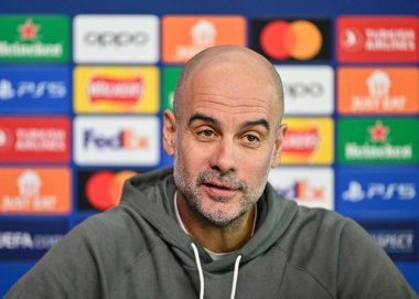 Manchester City Şampiyonlar Ligi Basın Konferansı sırasında 5 Mart 2024 'te Etihad Kampüsü' nde Manchester City 'nin Pep Guardiola teknik direktörü