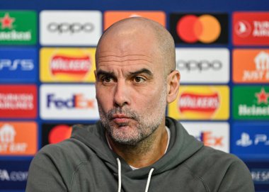Manchester City Şampiyonlar Ligi Basın Konferansı sırasında 5 Mart 2024 'te Etihad Kampüsü' nde Manchester City 'nin Pep Guardiola teknik direktörü