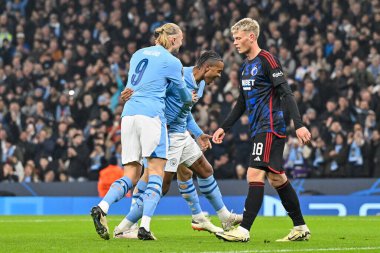 Manchester City 'den Manuel Akanji, Manchester City ile F.C. arasındaki UEFA Şampiyonlar Ligi maçında 1-0 kazanma golünü kutluyor. Kopenhag Etihad Stadyumu, Manchester, İngiltere, 6 Mart 202