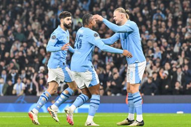 Manchester City 'den Manuel Akanji, Manchester City ile F.C. arasındaki UEFA Şampiyonlar Ligi maçında 1-0 kazanma golünü kutluyor. Kopenhag Etihad Stadyumu, Manchester, İngiltere, 6 Mart 202