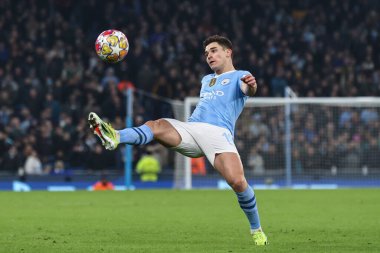 Manchester City ile F.C. arasındaki UEFA Şampiyonlar Ligi karşılaşmasında Manchester City 'den Julin Ivarez iş başında. Kopenhag Etihad Stadyumu, Manchester, İngiltere, 6 Mart 2024