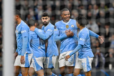 Manchester City 'den Manuel Akanji, Manchester City ile F.C. arasındaki UEFA Şampiyonlar Ligi maçında 1-0 kazanma golünü kutluyor. Kopenhag Etihad Stadyumu, Manchester, İngiltere, 6 Mart 202