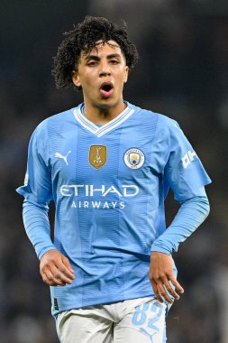 Manchester City ile F.C. arasındaki UEFA Şampiyonlar Ligi karşılaşmasında Manchester City 'den Rico Lewis. Kopenhag Etihad Stadyumu, Manchester, İngiltere, 6 Mart 202
