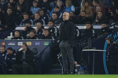 Manchester City ile F.C. arasındaki UEFA Şampiyonlar Ligi maçında Manchester City 'nin teknik direktörü Pep Guardiola. Kopenhag Etihad Stadyumu, Manchester, İngiltere, 6 Mart 202