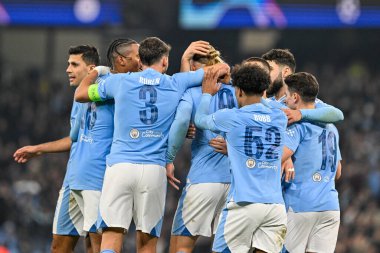 Manchester City 'den Erling Haaland, Manchester City ile F.C. arasındaki UEFA Şampiyonlar Ligi maçında 3-0 kazanma golünü kutluyor. Kopenhag Etihad Stadyumu, Manchester, İngiltere, 6 Mart 202