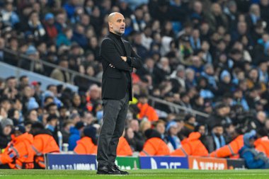 Manchester City ile F.C. arasındaki UEFA Şampiyonlar Ligi maçında Manchester City 'nin teknik direktörü Pep Guardiola. Kopenhag Etihad Stadyumu, Manchester, İngiltere, 6 Mart 202