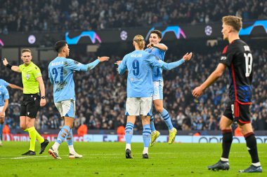 Manchester City 'den Erling Haaland, Manchester City ile F.C. arasındaki UEFA Şampiyonlar Ligi maçında 3-0 kazanma golünü kutluyor. Kopenhag Etihad Stadyumu, Manchester, İngiltere, 6 Mart 202