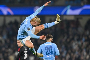 Manchester City 'den Erling Haaland, Manchester City ile F.C. arasındaki UEFA Şampiyonlar Ligi maçında 3-0 kazanma golünü kutluyor. Kopenhag Etihad Stadyumu, Manchester, İngiltere, 6 Mart 202