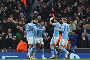 Manchester City 'den Manuel Akanji, Manchester City ile F.C. arasındaki UEFA Şampiyonlar Ligi maçında 1-0 kazanma golünü kutluyor. Kopenhag Etihad Stadyumu, Manchester, İngiltere, 6 Mart 202