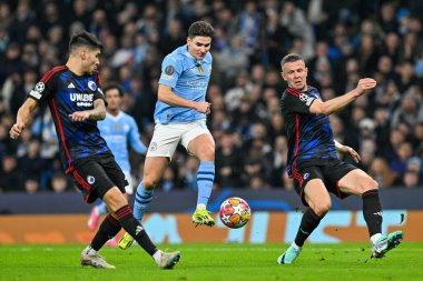 Manchester City 'den Julin Ivarez, Manchester City ile F.C. arasındaki UEFA Şampiyonlar Ligi karşılaşmasında kalede şut çekti. Kopenhag Etihad Stadyumu, Manchester, İngiltere, 6 Mart 2024