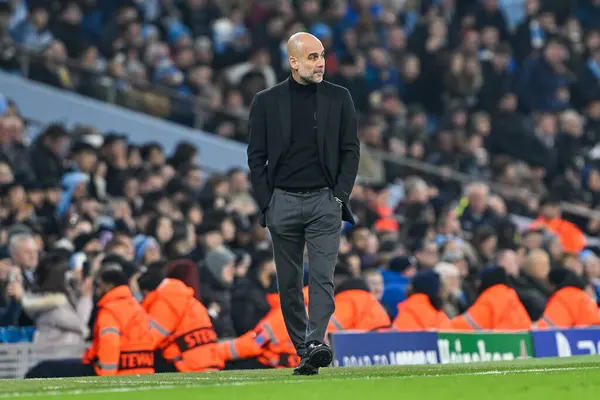 stock image Pep Guardiola manager of Manchester City during the UEFA Champions League match Manchester City vs F.C. Copenhagen at Etihad Stadium, Manchester, United Kingdom, 6th March 202