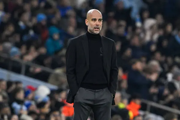 stock image Pep Guardiola manager of Manchester City during the UEFA Champions League match Manchester City vs F.C. Copenhagen at Etihad Stadium, Manchester, United Kingdom, 6th March 202