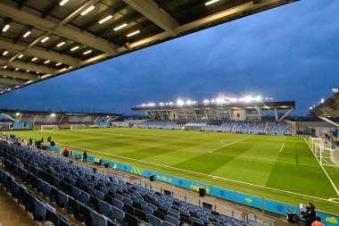 Maç öncesinde Joie Stadyumu 'nun genel görünümü, 7 Mart 202' de İngiltere 'nin Manchester şehrindeki Joie Stadyumu' nda Manchester City Women-Chelsea FC Women maçında oynanan FA Kadınlar Ligi Kupası yarı final karşılaşmasında görüldü.