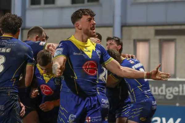 stock image Matty Ashton of Warrington Wolves celebrates after winning the game during the Betfred Super League Round 4 match Hull KR vs Warrington Wolves at Sewell Group Craven Park, Kingston upon Hull, United Kingdom, 7th March 202