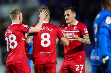 Middlesbrough 'dan Riley McGree, Birmingham City' nin 12 Mart 202 'de St Andrews, Birmingham' da Middlesbrough 'a karşı oynadığı Sky Bet Şampiyonası maçında 0-1 kazanma hedefini kutluyor.