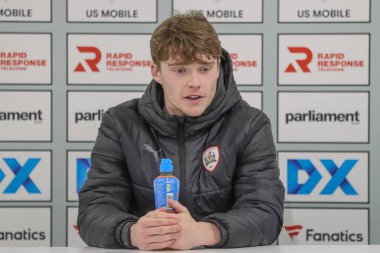 Luca Connell of Barnsley speaks at the post match press conference during the Sky Bet League 1 match Barnsley vs Cheltenham Town at Oakwell, Barnsley, United Kingdom, 16th March 202 clipart