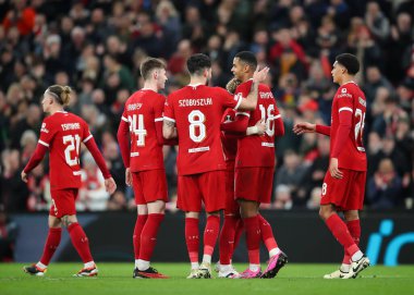 Liverpool 'dan Cody Gakpo, UEFA Avrupa Ligi karşılaşmasında Liverpool' un Anfield, Liverpool, İngiltere 'de 14 Mart 202' de Sparta Prag 'a karşı oynadığı maçta 5-1 kazanma hedefini kutluyor.