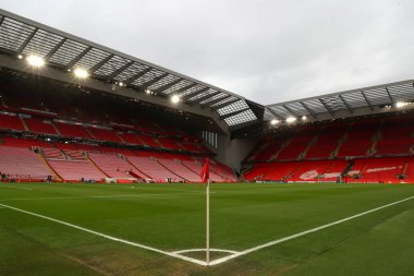 Anfield, Liverpool 'da Liverpool' a karşı 14 Mart 202 'de oynanan UEFA Avrupa Ligi karşılaşması öncesinde Anfield' in genel bir görüşü.