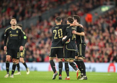 Sparta Praha Atletizm Kulübü 'nden Veljko Birmanevi, UEFA Avrupa Ligi maçı Liverpool' un Anfield, Liverpool, İngiltere 'de 14 Mart 2024' te Sparta Prag 'a karşı oynadığı maçta 4-1 kazanma hedefini kutluyor.