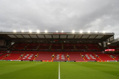 Anfield, Liverpool 'da Liverpool' a karşı 14 Mart 202 'de oynanan UEFA Avrupa Ligi karşılaşması öncesinde Anfield' in genel bir görüşü.