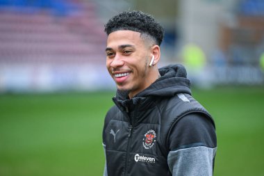 Blackpool 'dan Jordan Lawrence-Gabriel, İngiltere' nin Wigan Stadyumu 'nda 16 Mart 202 tarihinde oynanan Wigan Atletizm Karşılaşması' nda Sky Bet 1 maçı öncesinde geldi.