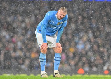 Manchester City 'den Erling Haaland, 16 Mart 202 tarihinde Birleşik Krallık Etihad Stadyumu' nda Manchester City ile Newcastle United arasındaki son karşılaşma sırasında