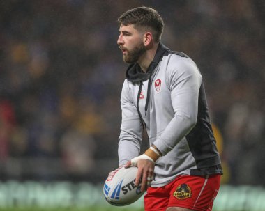 St. Helens 'ten Sam Royle, Betfred Süper Lig 5. Raundda Leeds Gergedan' a karşı Headingley Stadyumu, Leeds, İngiltere, 15 Mart 202 'de oynanan karşılaşma öncesi ısınma maçında...