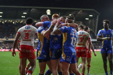 Leeds Rhinos takımından Luis Roberts, 15 Mart 202 tarihinde Leeds Stadyumu 'nda oynanan Betfred Süper Lig 5. Raundunda Leeds Gergedan' a karşı St Helens maçını kutluyor.