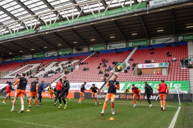 Blackpool during the pre-game warmup during the Sky Bet League 1 match Wigan Athletic vs Blackpool at DW Stadium, Wigan, United Kingdom, 16th March 202 clipart
