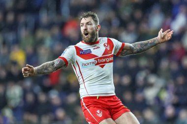 St. Helens takımından Daryl Clark, 15 Mart 202 'de Leeds Rhinos ile St Helens arasında oynanan Betfred Süper Lig karşılaşmasında tepki gösterdi.